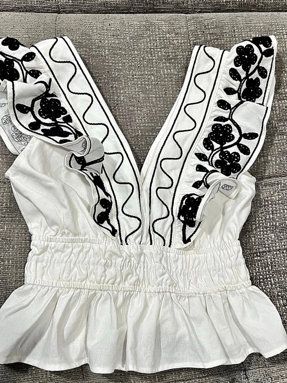 Strut & Bolt Embroidery Detail Ruffle Linen Top
